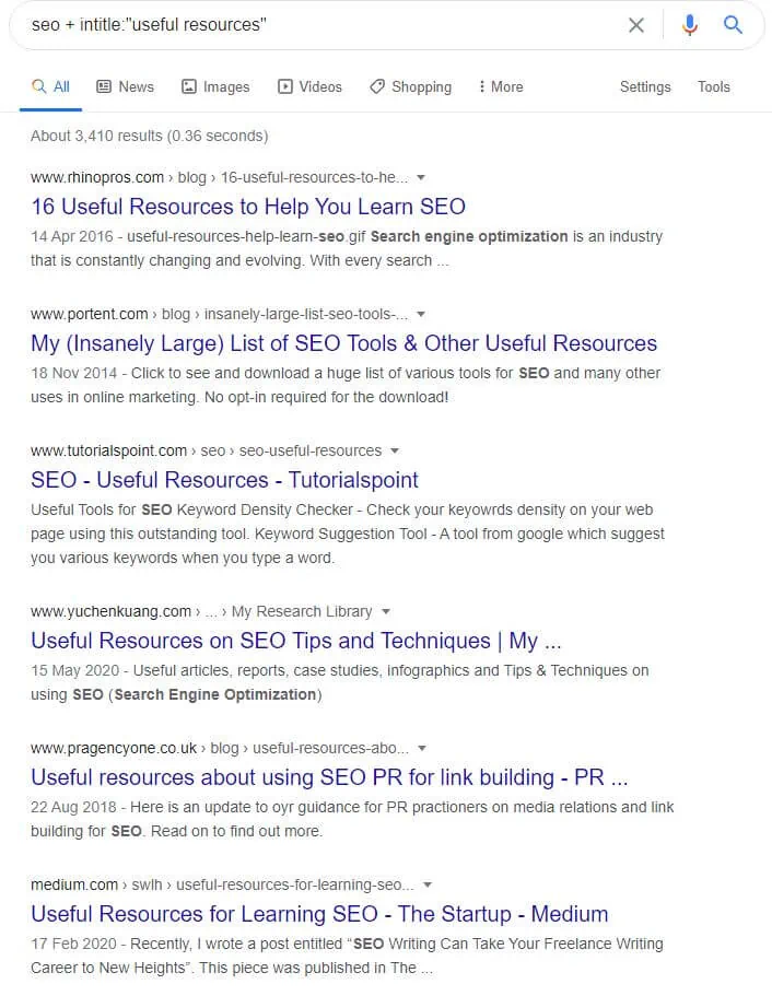intitle Google parameter for resource pages