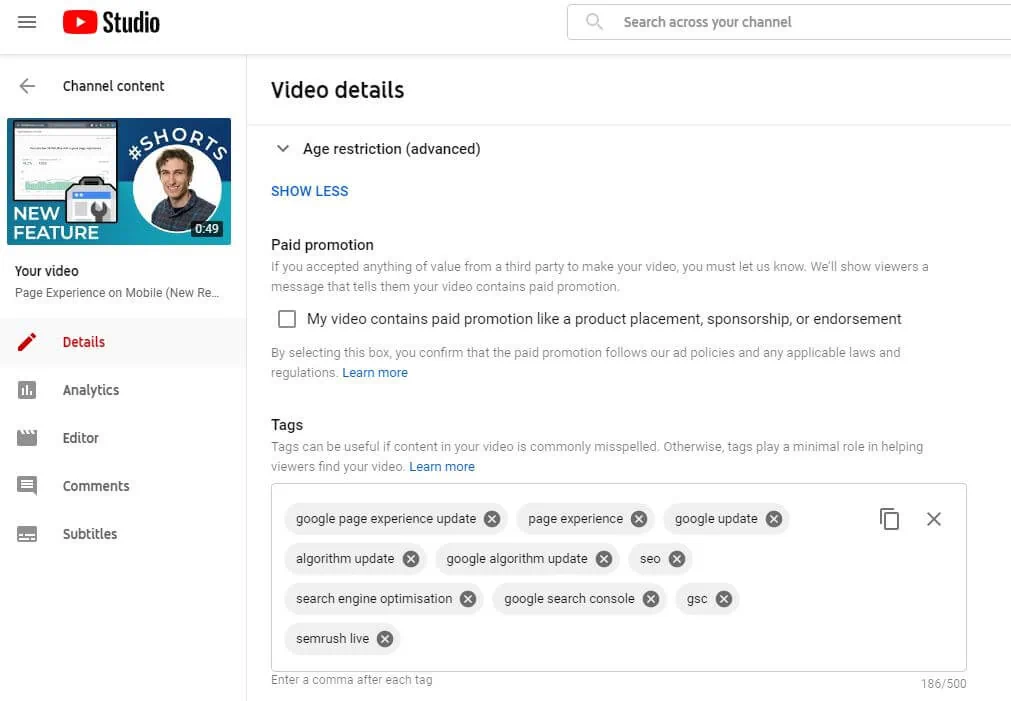 My YouTube video editing tags in YouTube Studio